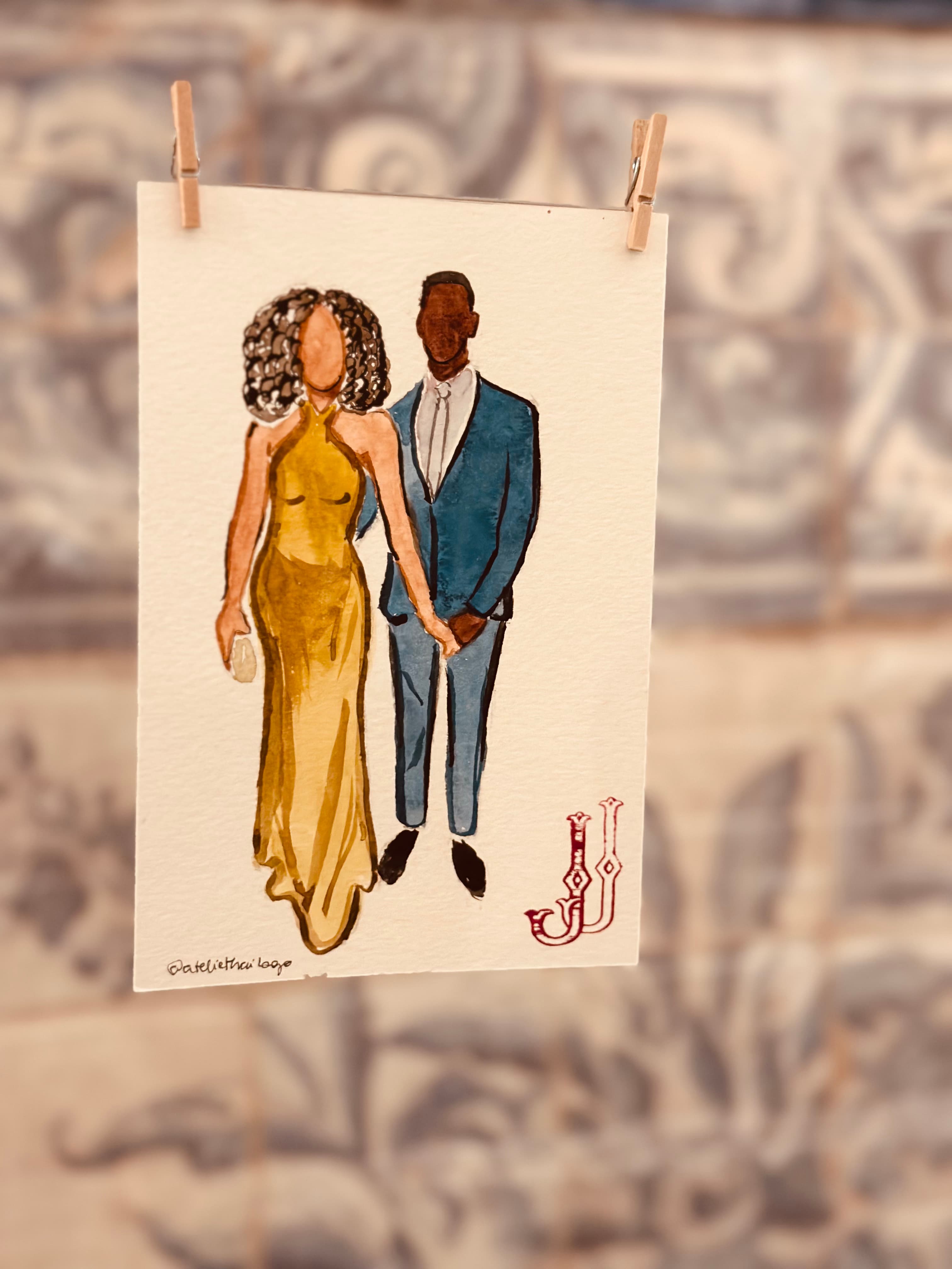 Aquarela pintada retratando uma família